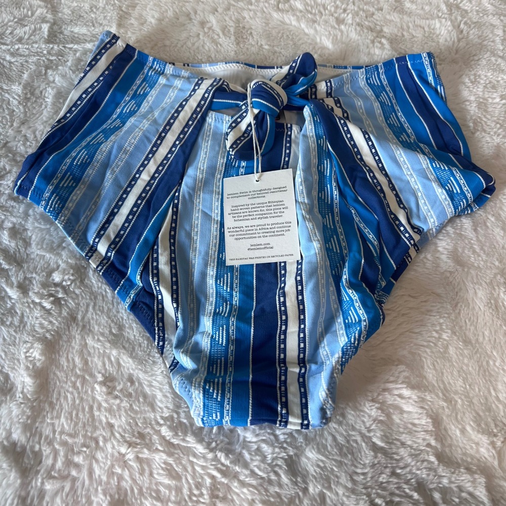 Lemlem Eshal High Waist Striped Bikini Bottom Blue White HSS2107 Small NEW
